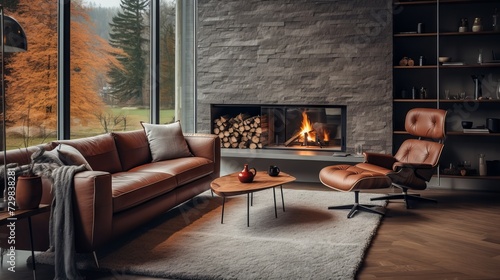 Modern living room with fireplace and mid-century furniture in brown and grey tones