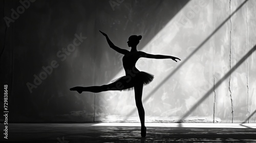  a black and white photo of a ballerina in the middle of a dance pose with the shadow of a curtain on the wall behind her and a wall behind her.