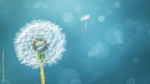  a dandelion is blowing in the wind on a blue and green background with a blurry image of a dandelion in the middle of the dandelion.