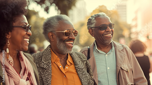 Senior African American friends enjoying city life together