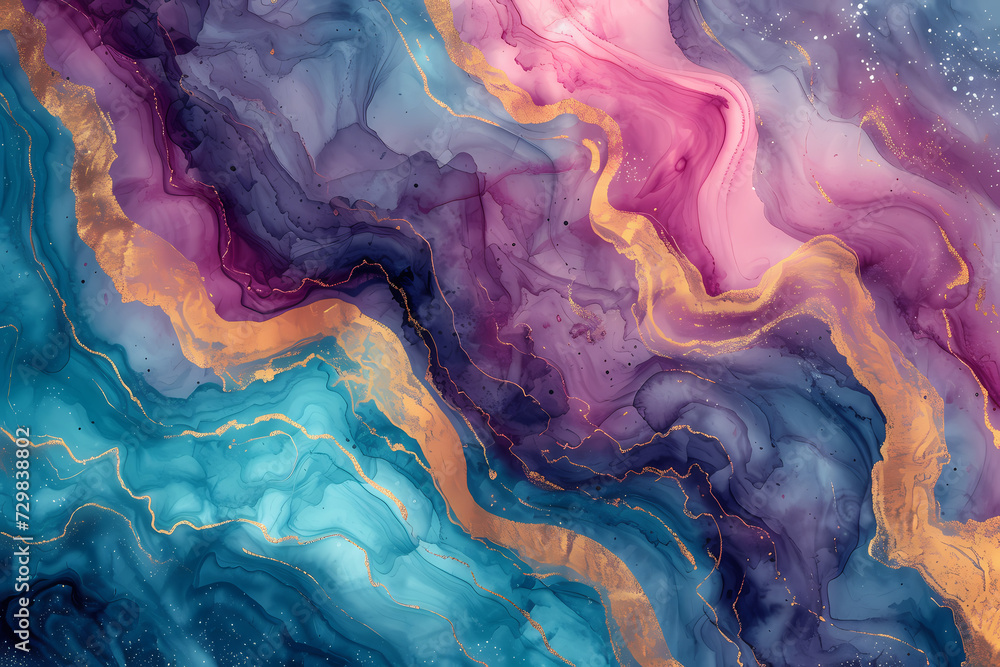 Fototapeta premium watercolors abstract liquid painting seamless pattern, in the style of marble, gold and azure, light turquoise and dark magenta