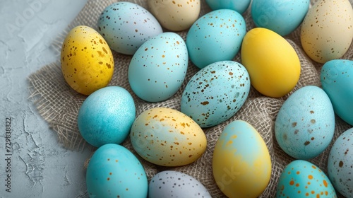  a bunch of blue and yellow eggs sitting on top of a piece of burlied burlied burlied burlied burlied burlock.