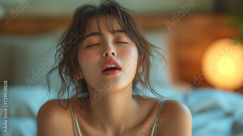 Young beautiful asian woman having orgasm in bed