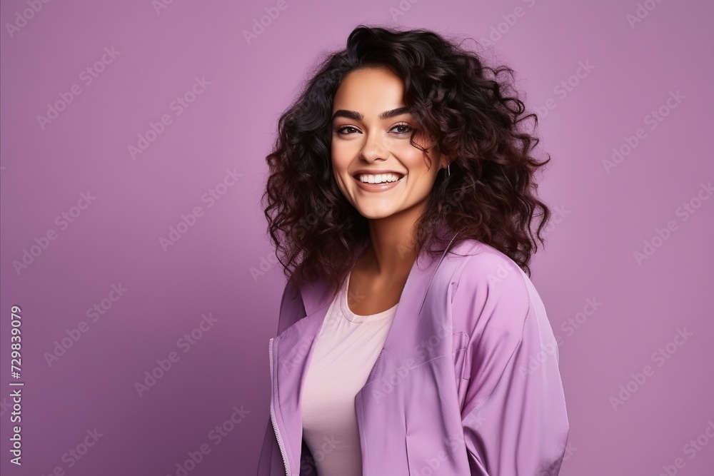 Portrait of a beautiful young woman with curly hair smiling and looking at camera Portrait of a beautiful young woman with curly hair smiling and looking at camera