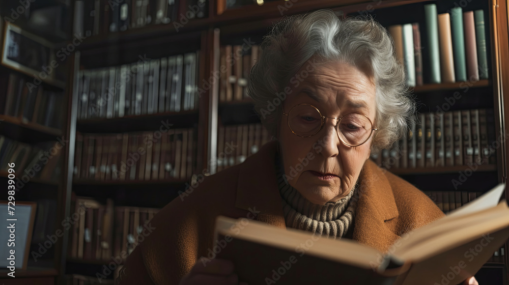 Senior woman reading a book in a library Senior woman reading a book in a library