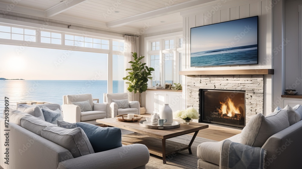 Cozy and elegant living room with coastal decor, white sofa, wooden coffee table, and ocean view Cozy and elegant living room with coastal decor, white sofa, wooden coffee table, and ocean view