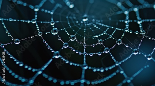  a close up of a spider web with drops of water on the spider's web in the center of the spider's web, on a black background.