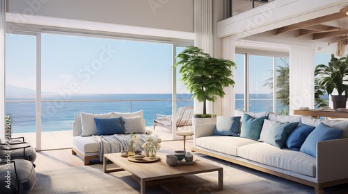 Cozy and elegant living room with coastal decor, white sofa, wooden coffee table, and ocean view © Ameer