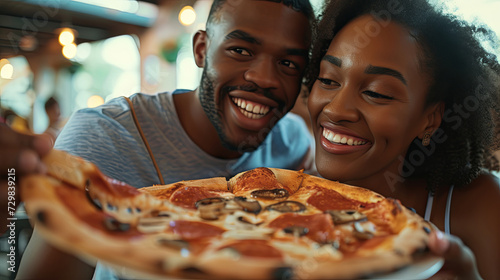 Smiling African American couple sharing pizza together