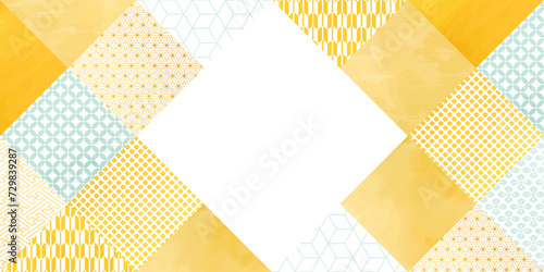 和紙、水彩風_黄色の四角の和柄パターン背景イラスト
