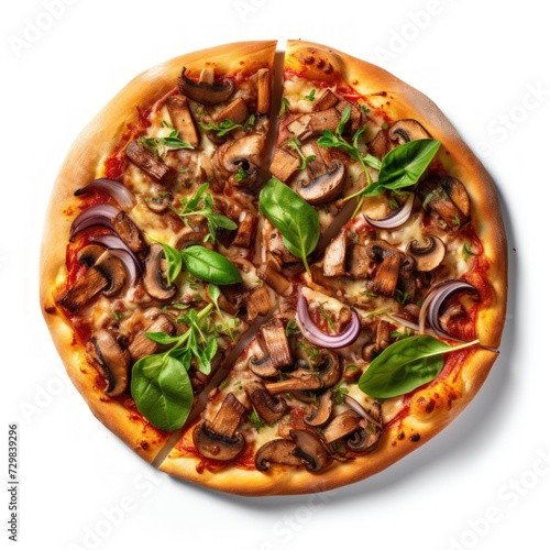 Top view of mushroom and olive pizza on a white background.