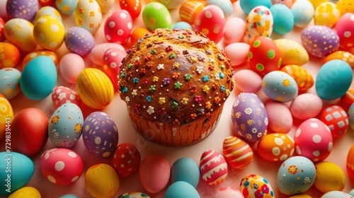  a muffin with sprinkles on top of it surrounded by many colored eggs on a white surface with one muffin in the middle of the muffin.