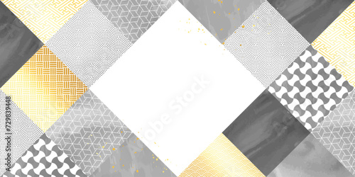 和紙、水彩風_グレーとゴールドの四角の和柄パターン背景イラスト
