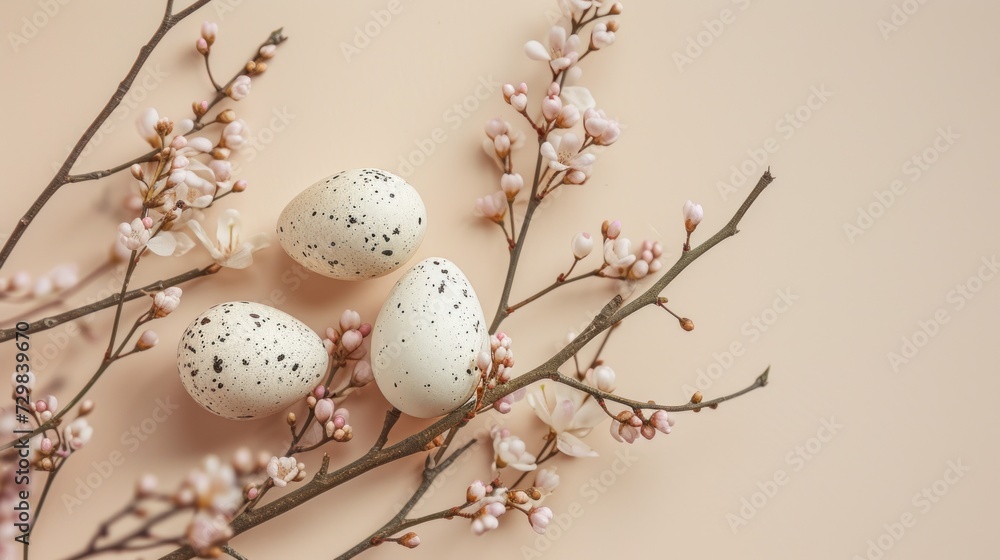 Fototapeta premium three speckled eggs sitting on top of a branch of a tree with white and black speckled eggs sitting on top of a branch of a branch with white speckled eggs.