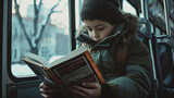 Young boy reading a book on a city bus 