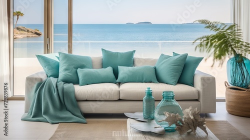 Cozy and elegant living room with fabric sofas, turquoise pillows, and wooden coffee table in a coastal home with sea view photo