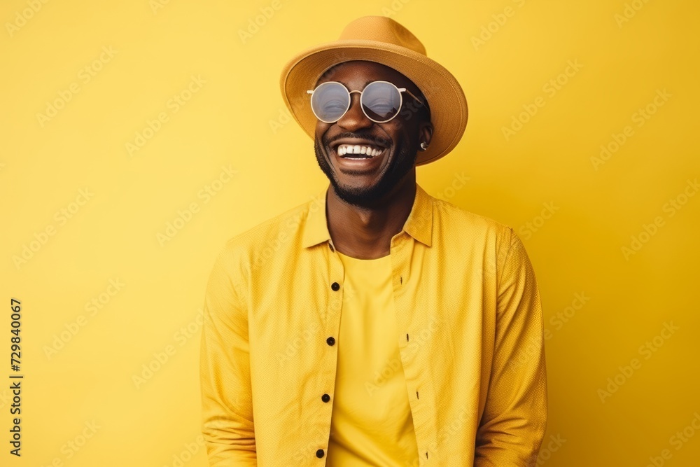 Portrait of a happy african american man in hat and sunglasses over yellow background Portrait of a happy african american man in hat and sunglasses over yellow background