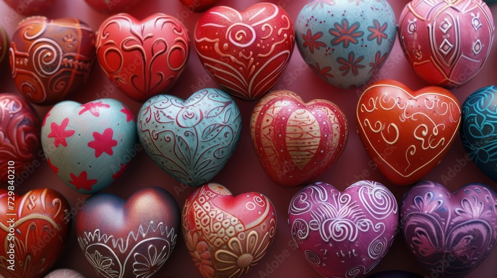 a bunch of hearts that are in the shape of a bunch of hearts, all painted red, pink, blue, green, purple, and white with intricate designs on them. a bunch of hearts that are in the shape of a bunch of hearts, all painted red, pink, blue, green, purple, and white with intricate designs on them.