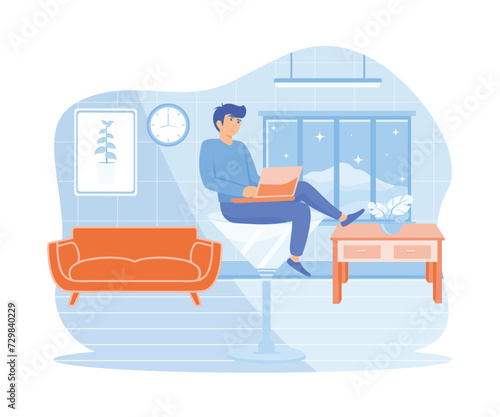 Work anywhere anytime. Businessman relax working remotely with computer laptop in cocktail glass at night. flat vector modern illustration 