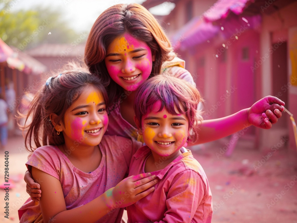 Happy child with mother on Holi holiday beautiful family Happy child with mother on Holi holiday beautiful family