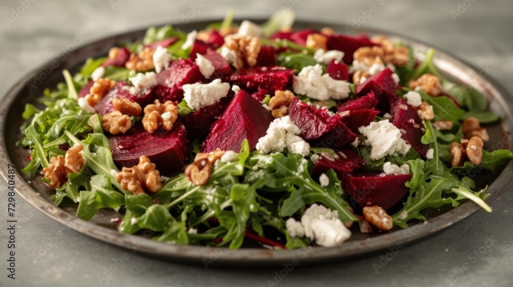 a plate of salad with beets, feta cheese, walnuts, and green leafy greens on a gray table top with a gray surface with a gray surface.