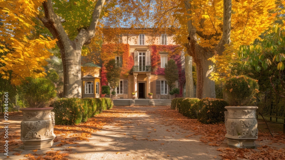  a large house surrounded by trees with yellow leaves on the ground and in front of it is a path that leads to the front door of the house and is surrounded by trees with yellow leaves.
