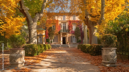  a large house surrounded by trees with yellow leaves on the ground and in front of it is a path that leads to the front door of the house and is surrounded by trees with yellow leaves.