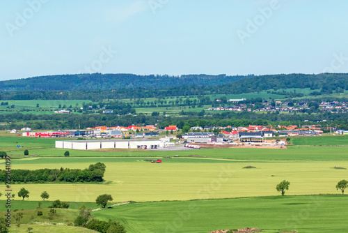 Landscape view of the countryside with a small Swedish town