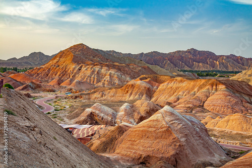 Rainbow Mountains, Zhangye Danxia Landform Geological Park, Gansu, China, is geological wonder of the world. The mountain is known for its colorful rock formations like paint palette. photo