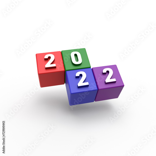 3d render 2022 and colored cubes on white background. 2022 numbers for calendar, agenda, annual report