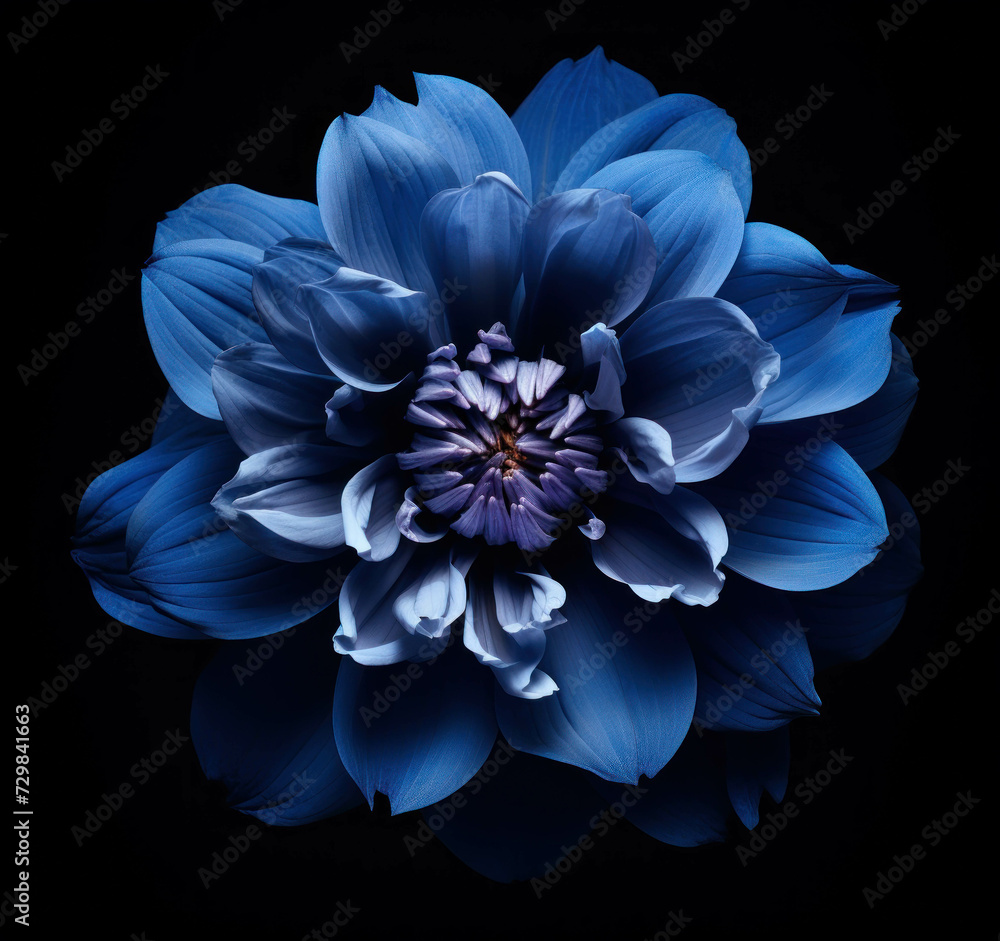 A single blue flower is isolated on a stem on a black background. A single blue flower is isolated on a stem on a black background.