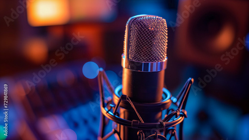 Modern professional microphone in recording studio. Close up microphone on stage. photo