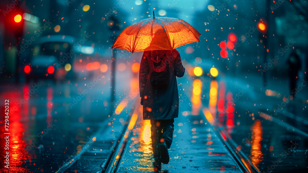 Person walking under an umbrella on a rainy street with glowing street lights, cars and wet reflections.