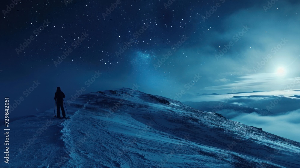 a man standing on top of a snow covered mountain under a night sky filled with stars and a bright star filled sky with clouds and a person standing in the foreground. a man standing on top of a snow covered mountain under a night sky filled with stars and a bright star filled sky with clouds and a person standing in the foreground.