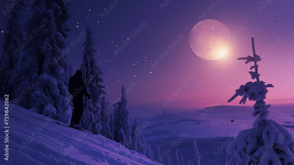  a man standing on top of a snow covered slope under a purple sky with a cross on top of a tree in the foreground and a full moon in the distance.