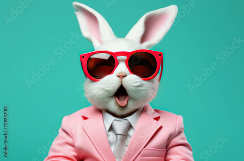 Easter background and rabbit dressed in a suit and sunglasses.3d render © Katewaree