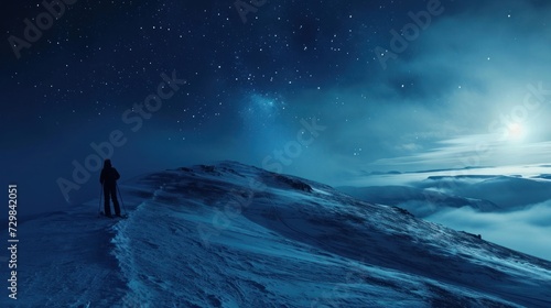  a man standing on top of a snow covered mountain under a night sky filled with stars and a bright star filled sky with clouds and a person standing in the foreground.