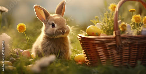 Easter bunny, A fluffy bunny sits in a field of flowers near a basket filled with Easter eggs.
