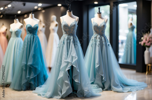 Blue wedding dresses for sale in luxury modern shop boutique