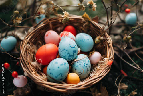 Easter eggs basket A bird's nest in a grassy field, filled with colorful Easter eggs.