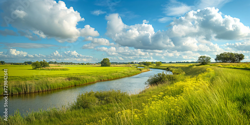 Gentle River Flowing Through a Lush Countryside under a Dynamic Sky 
