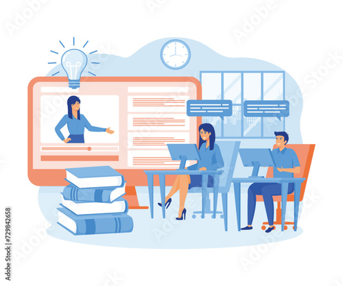  online education courses, the teacher teaches a group of students online. flat vector modern illustration 