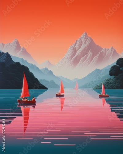  a painting of three sailboats on a lake with mountains in the background and a red sky in the middle of the picture  with a pink hue in the middle of the water.