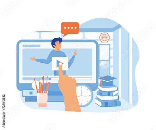 Online education and graduation. Businessman hand touching screen with lecture media.  flat vector modern illustration 