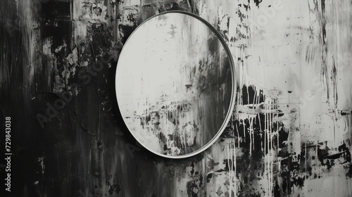  a black and white photo of a mirror on a wall with paint peeling off the walls and peeling off the paint peeling off the wall and peeling off the wall.