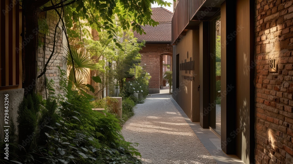  a narrow walkway between two buildings with trees on both sides of the walkway and a walkway between two buildings with trees on both sides of the walkway and a brick wall.