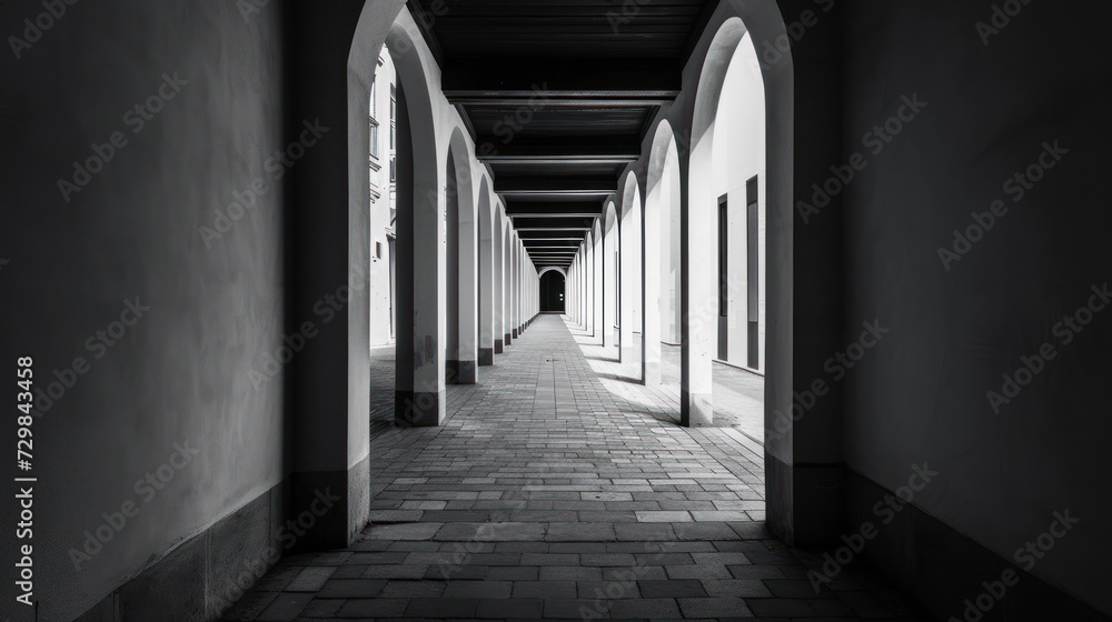 a black and white photo of a person walking down a long hallway with arched windows on either side of the walkway and a brick walkway leading to the other end of the room. a black and white photo of a person walking down a long hallway with arched windows on either side of the walkway and a brick walkway leading to the other end of the room.