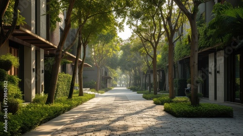  a cobblestone street with trees lining both sides of the street and a person sitting on a bench on the other side of the street in front of the street.