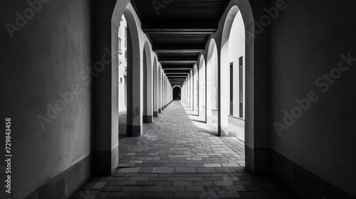  a black and white photo of a person walking down a long hallway with arched windows on either side of the walkway and a brick walkway leading to the other end of the room.