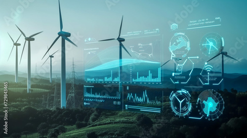 Futuristic Wind Farm Analysis with Digital Interface Overlay 